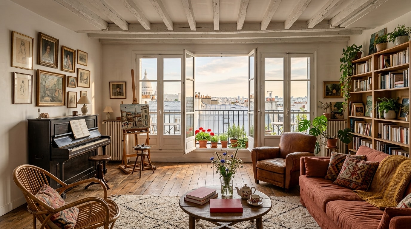 Salon sous les toits de Montmartre, poutres blanchies, piano et balcon fleuri sur les toits de Paris