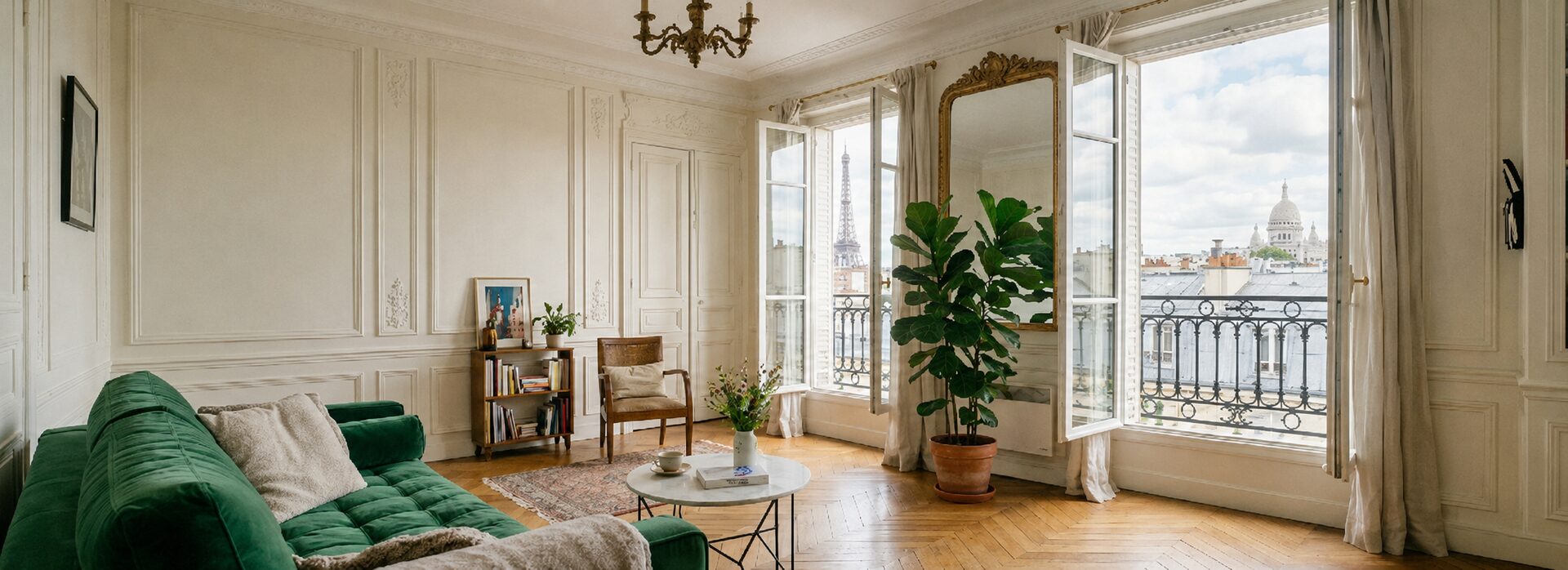 Coin lecture d'un appartement haussmannien parisien avec canapé vert et vue sur les toits