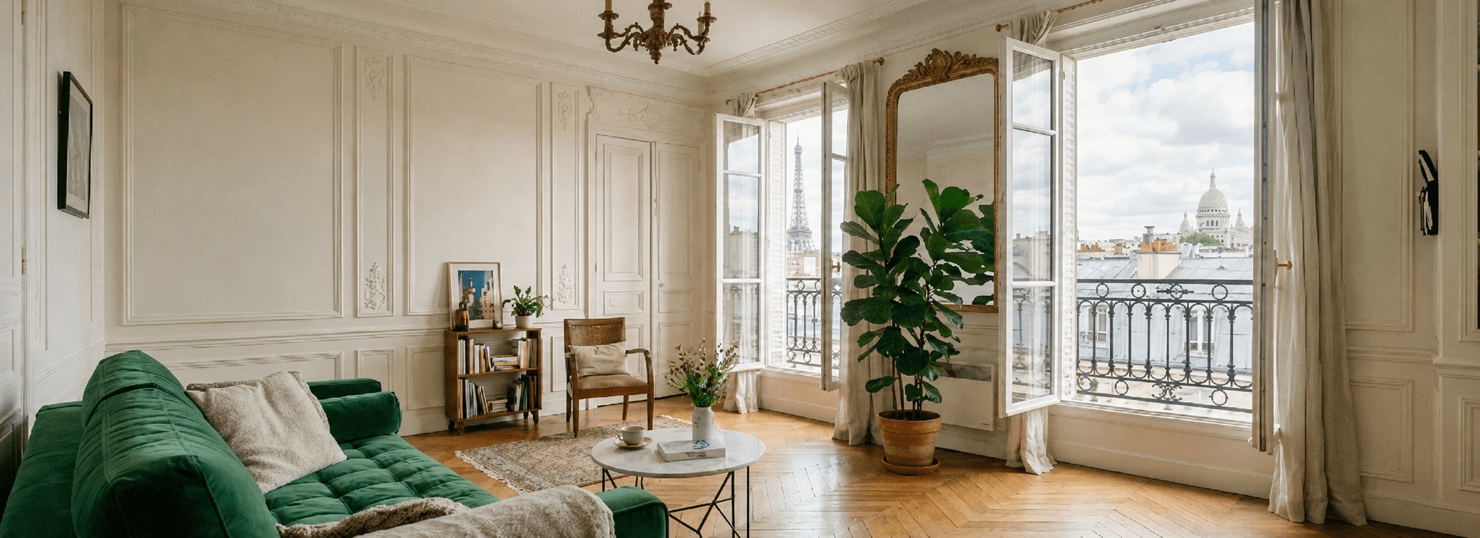 Coin lecture d'un appartement haussmannien parisien avec canapé vert et vue sur les toits