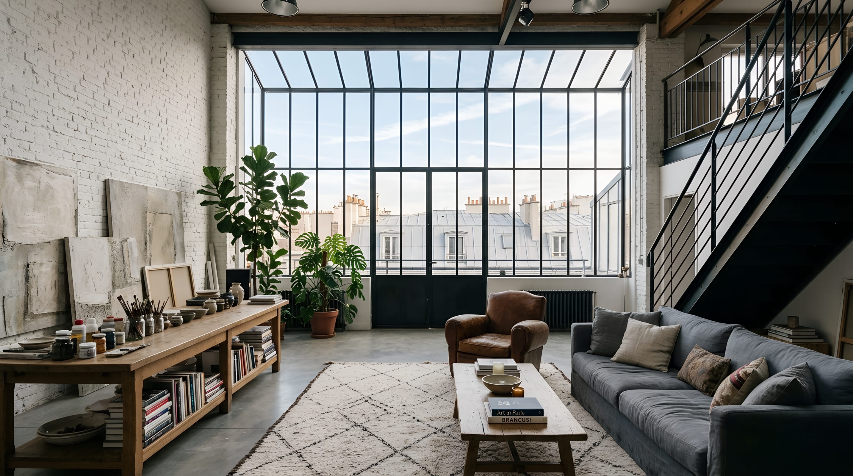 Atelier d'artiste parisien sous verrière, briques peintes et mezzanine