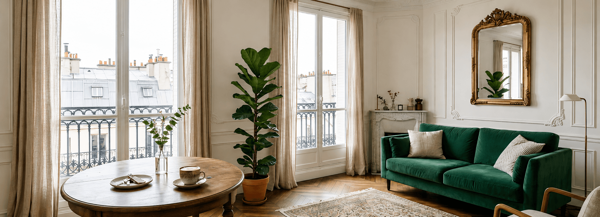 Salon d'un appartement haussmannien parisien au canapé vert : table du matin avec café et clés près des fenêtres