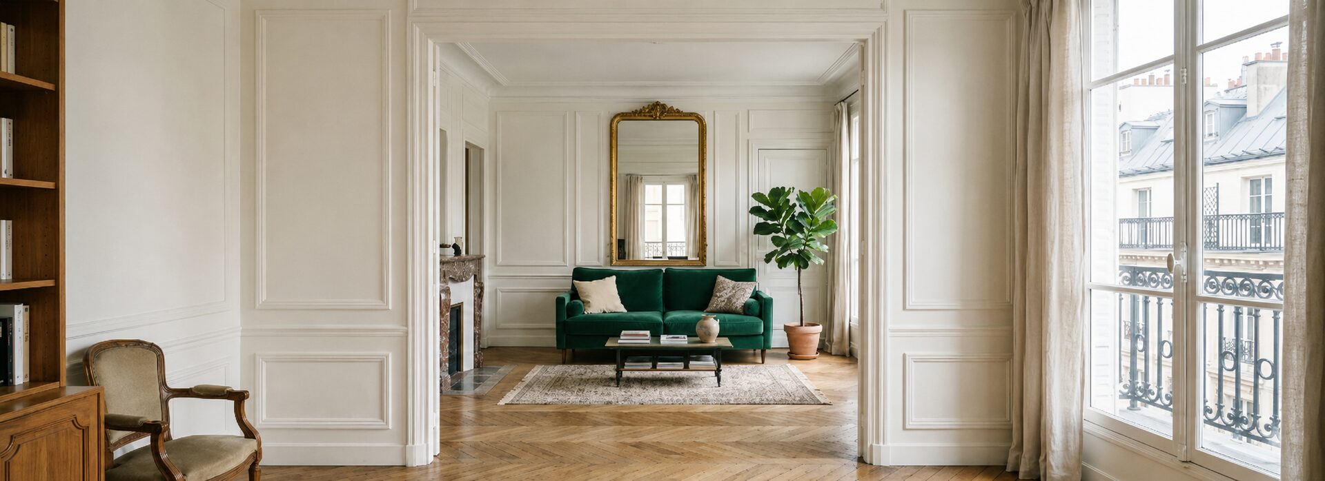 Enfilade d'un appartement haussmannien parisien — perspective claire vers le salon au canapé vert