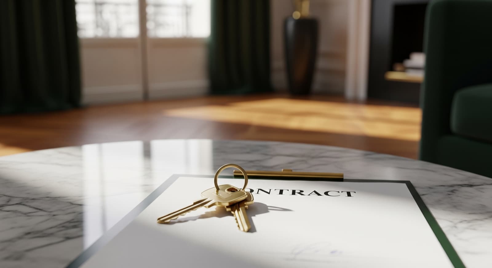 Clés d'appartement posées sur un contrat dans un salon haussmannien