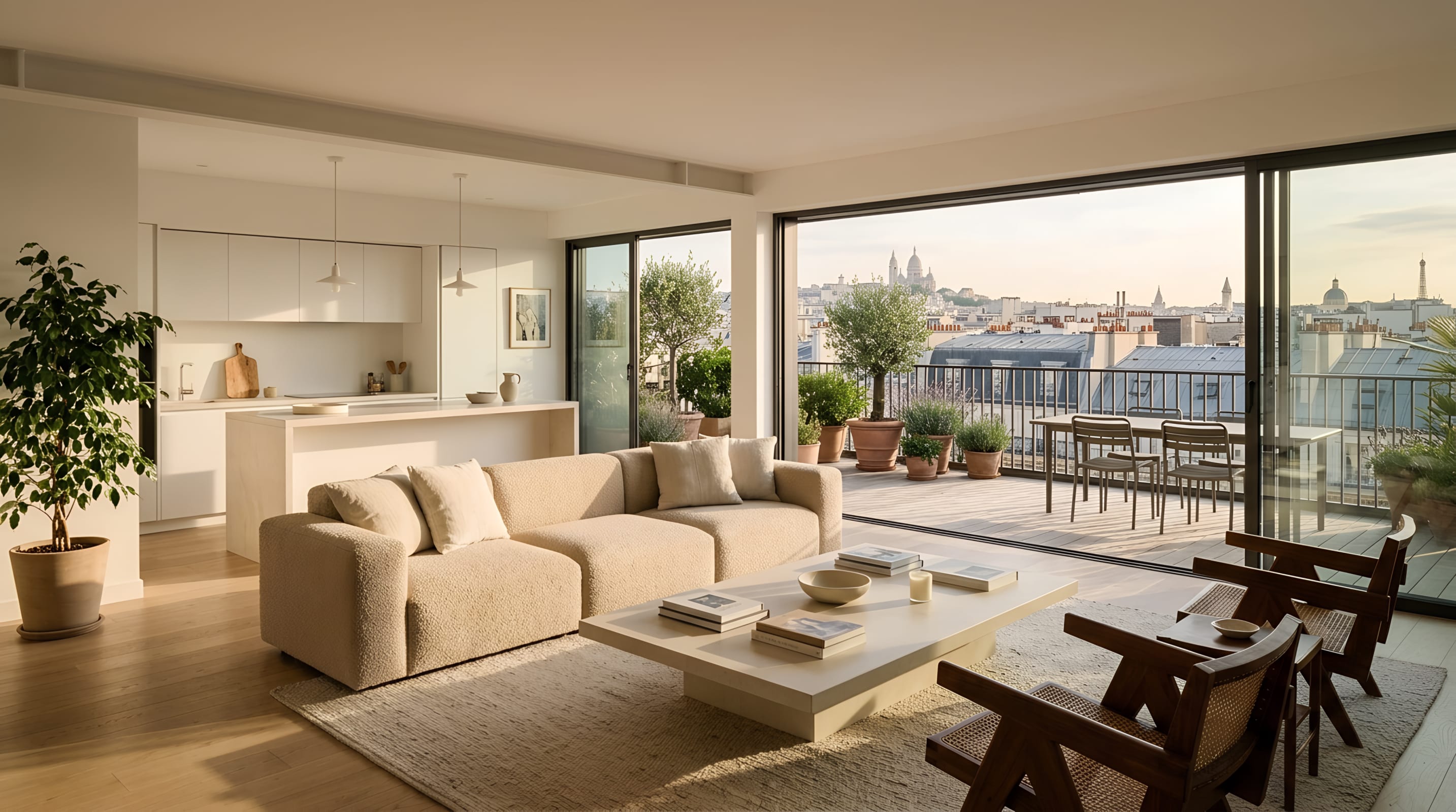 Séjour lumineux d'un appartement parisien, prêt à être habité