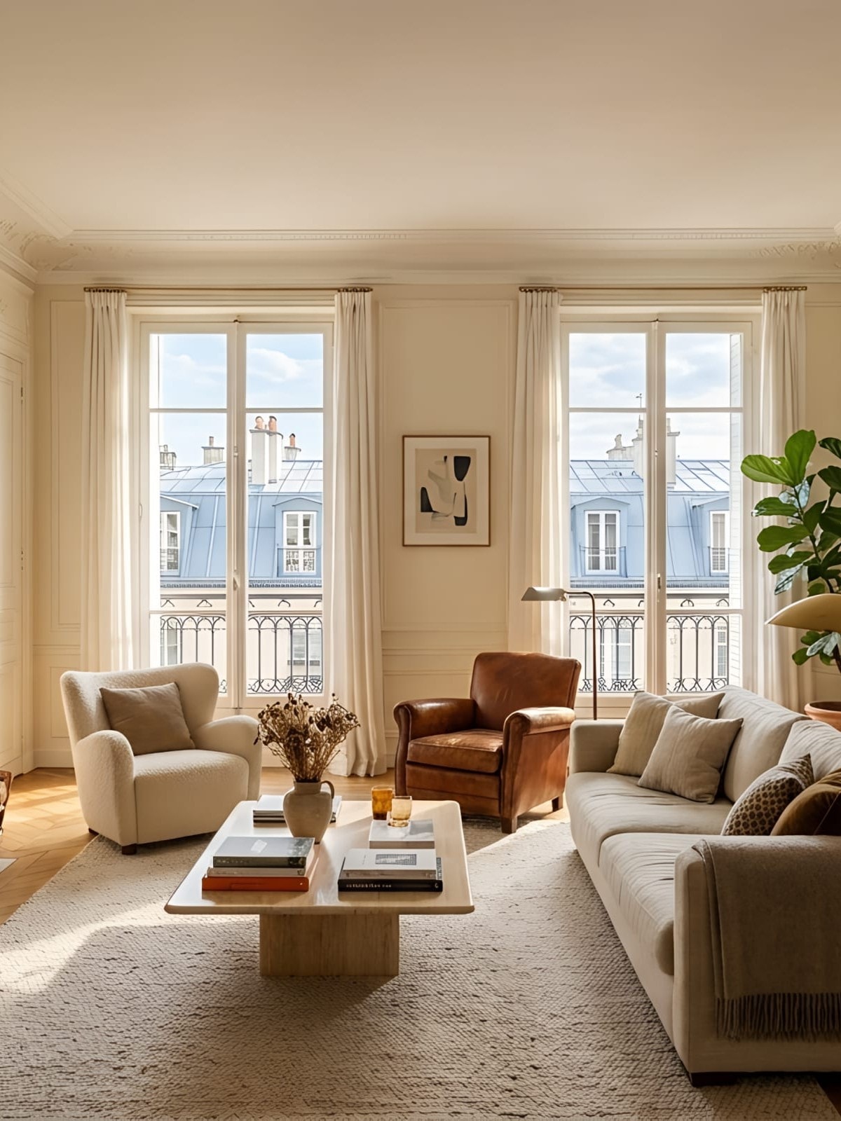 Double salon haussmannien, parquet point de Hongrie, cheminée de marbre et fenêtres sur les toits