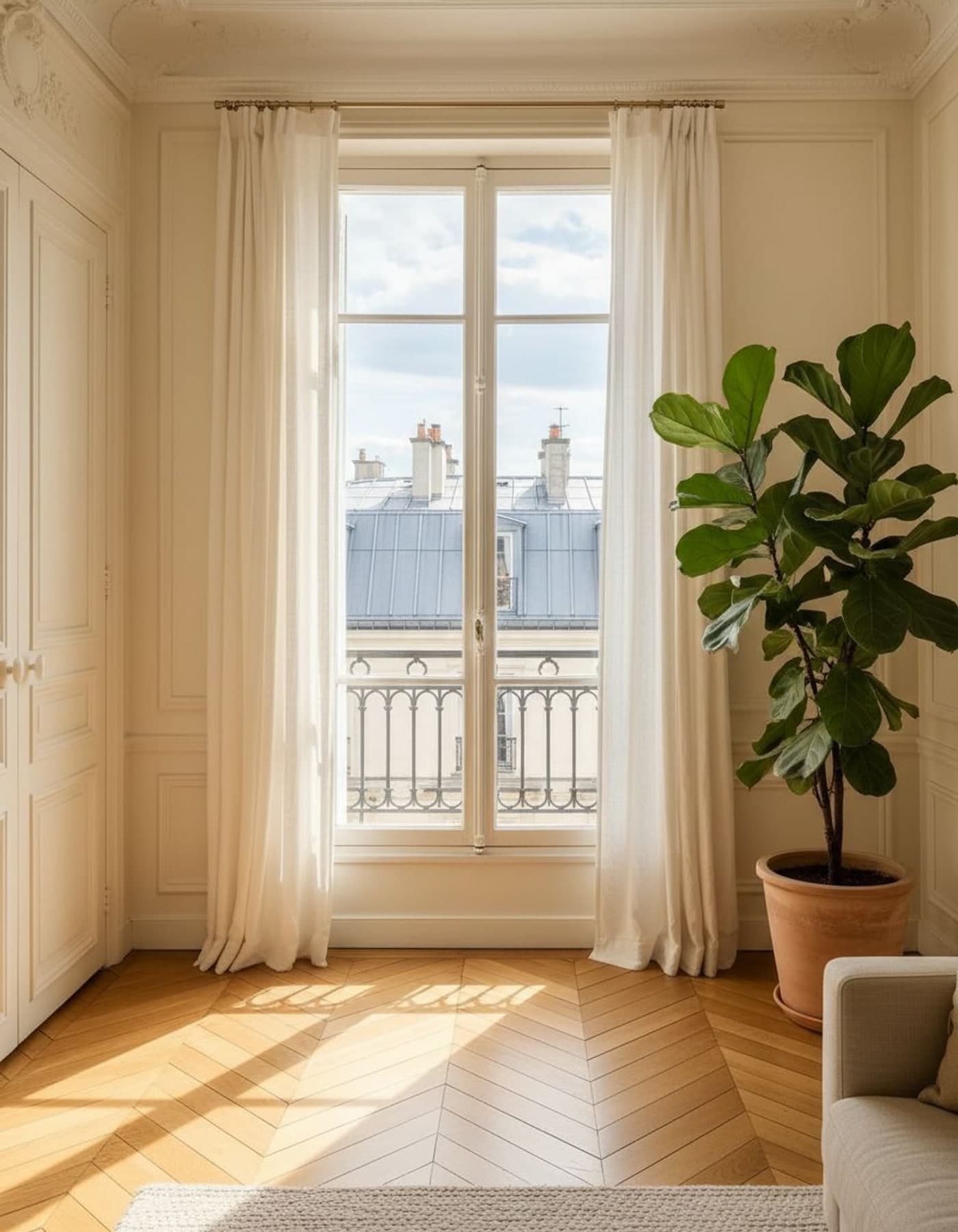Fenêtre du salon haussmannien sur les toits de Paris, parquet point de Hongrie