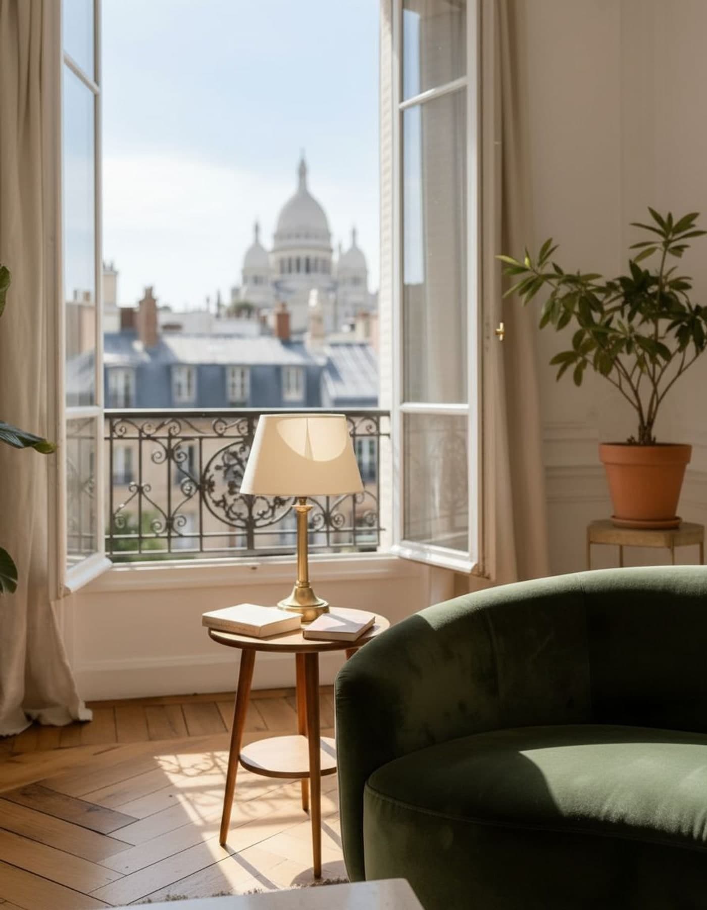 Détail d'un salon parisien, fenêtre ouverte sur les toits