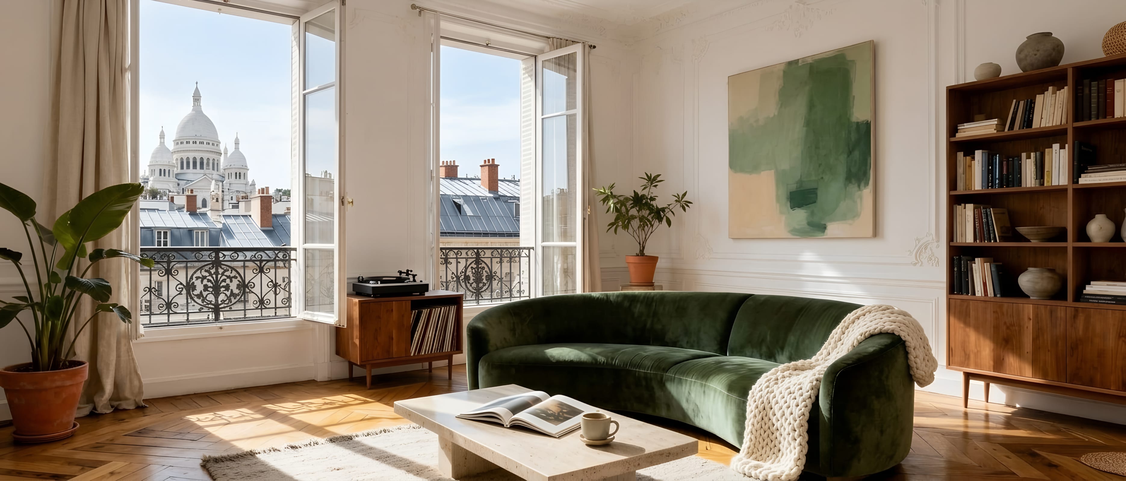Salon haussmannien ouvert sur les toits et le Sacré-Cœur