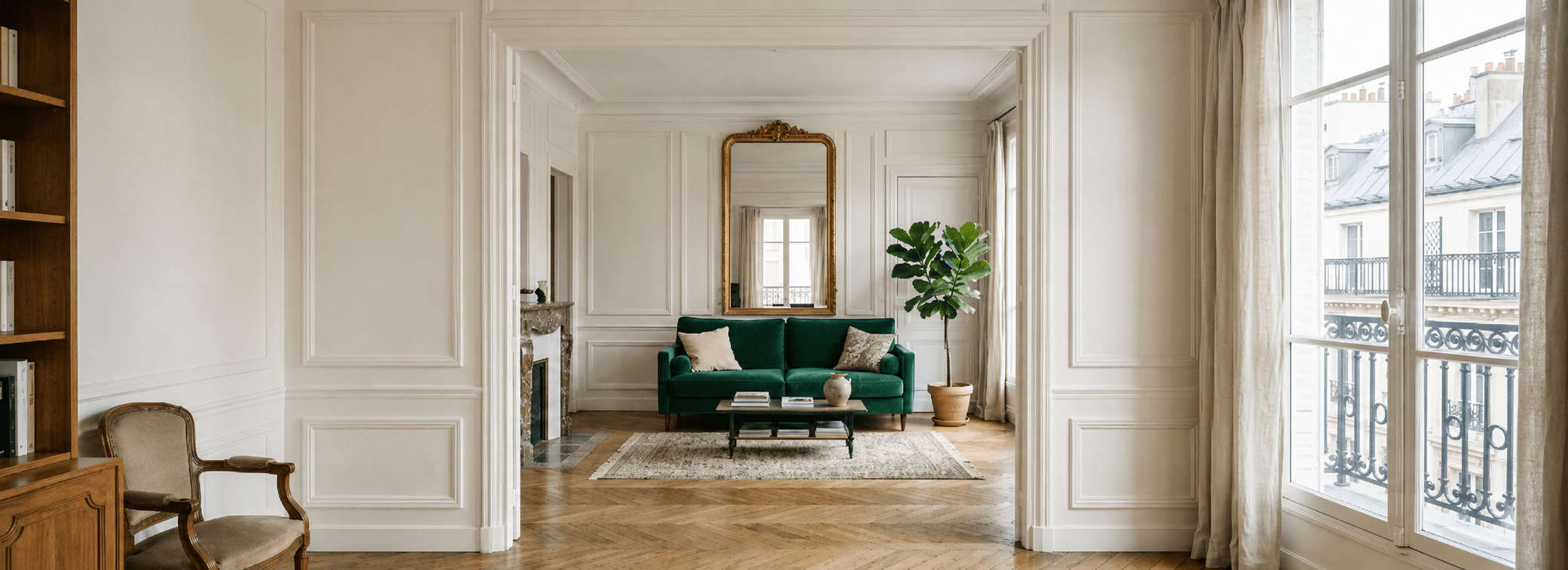 Enfilade d'un appartement haussmannien parisien — perspective claire vers le salon au canapé vert